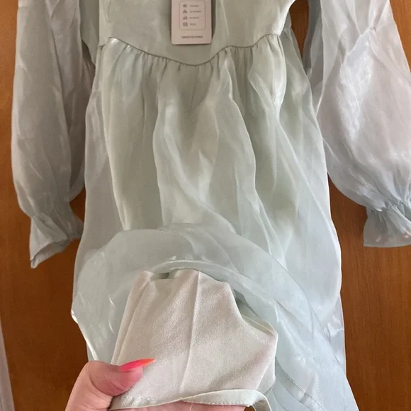 Womens Puff Sleeve Square Neck Puffy Dress Babydoll Mesh Mini Dress - Picture 5 of 5